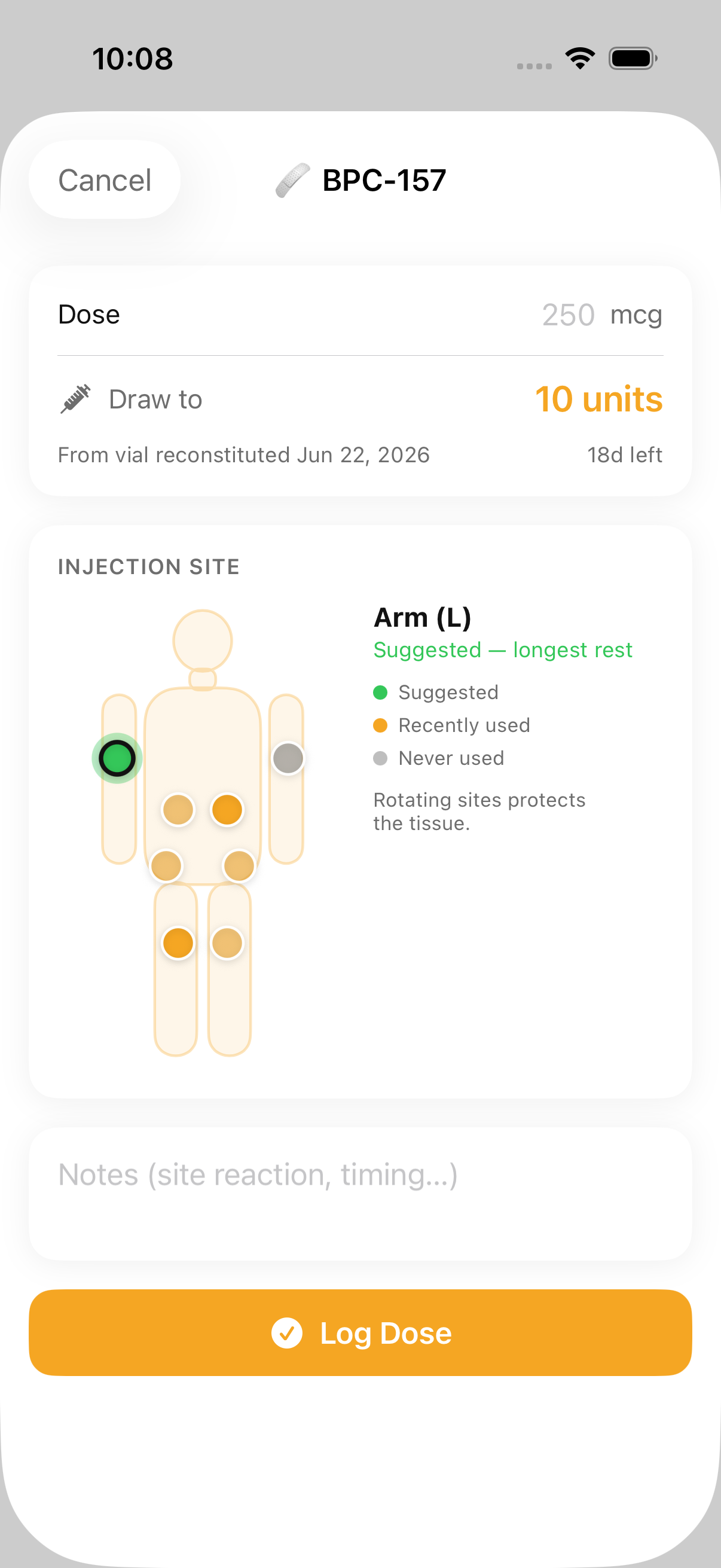 Injection site rotation body map