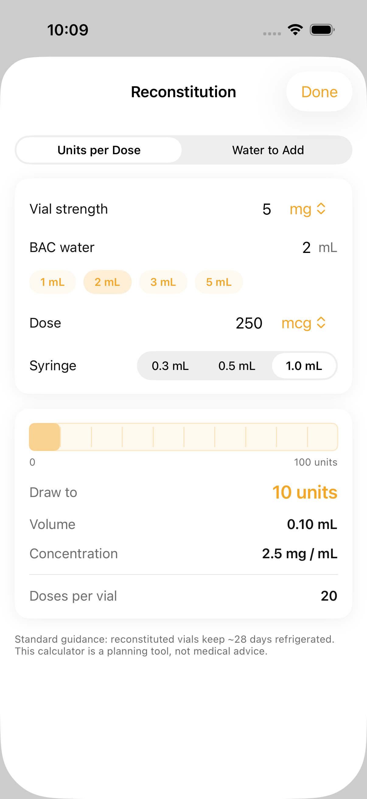 Peptide reconstitution calculator