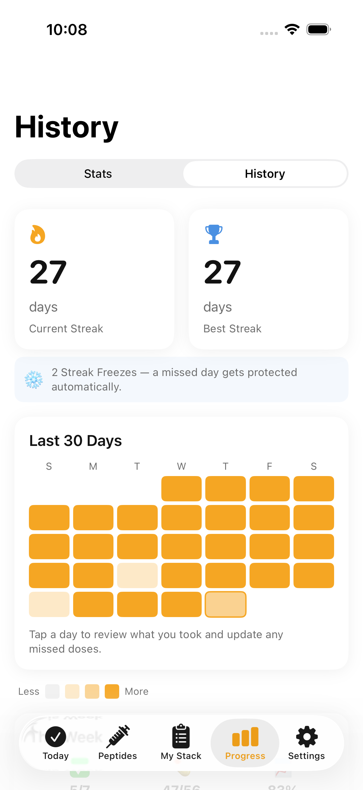 StackDay history showing streaks and a 30-day adherence heatmap